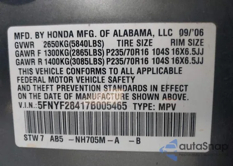 2007 Honda Pilot Ex z USA, uszkodzony, nr VIN 5FNYF28417B005465